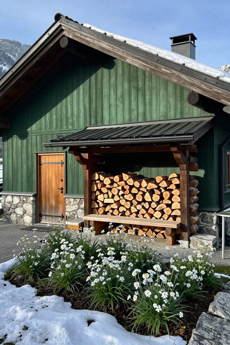 Green painted vertical board-and-batten siding on a chalet-style house with integrated woodpile shelter, wooden door, white flowering plants in a snowy bed, stone base, and snowy alpine mountains in the background.