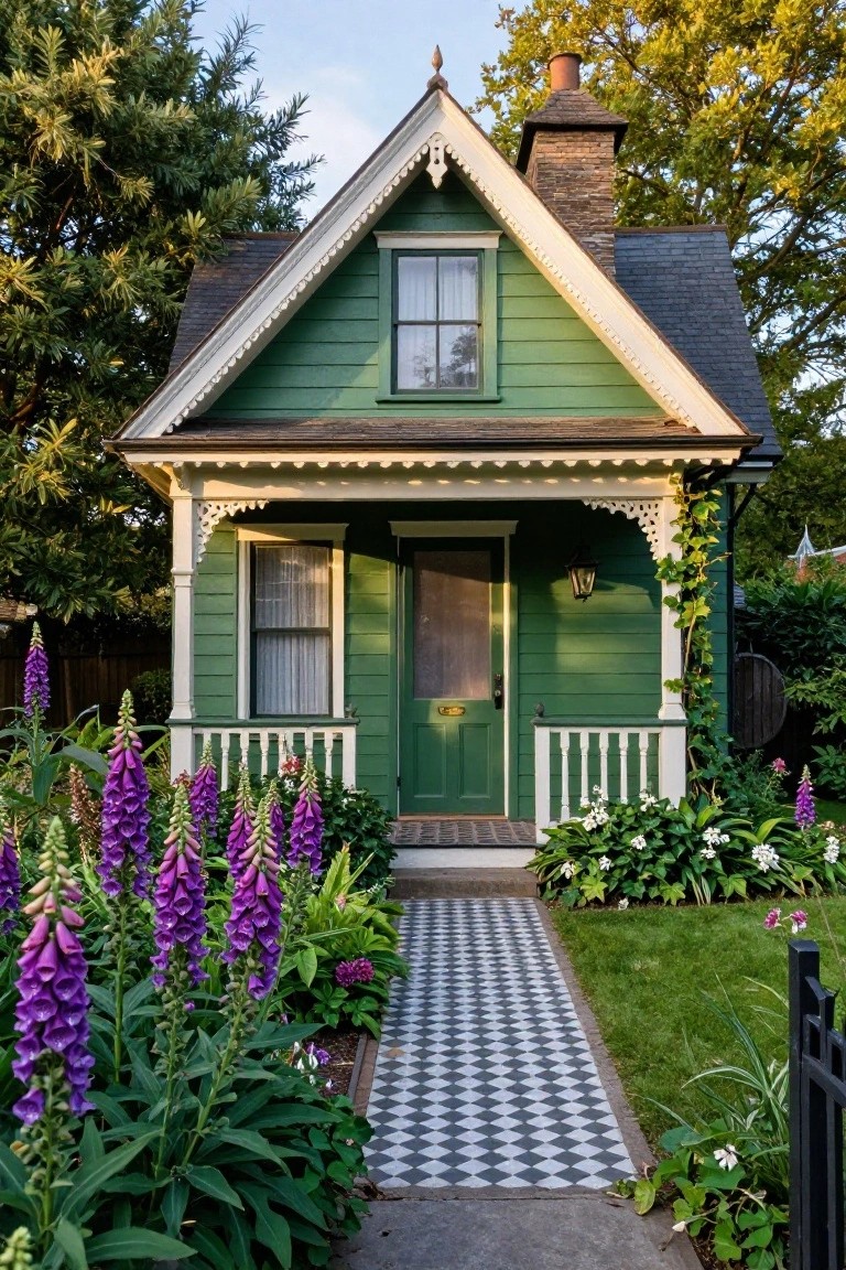 Small green clapboard cottage with white trim, gabled roof, covered porch, green front door, flanked by purple foxglove flowers and a black-and-white checkered stone path.