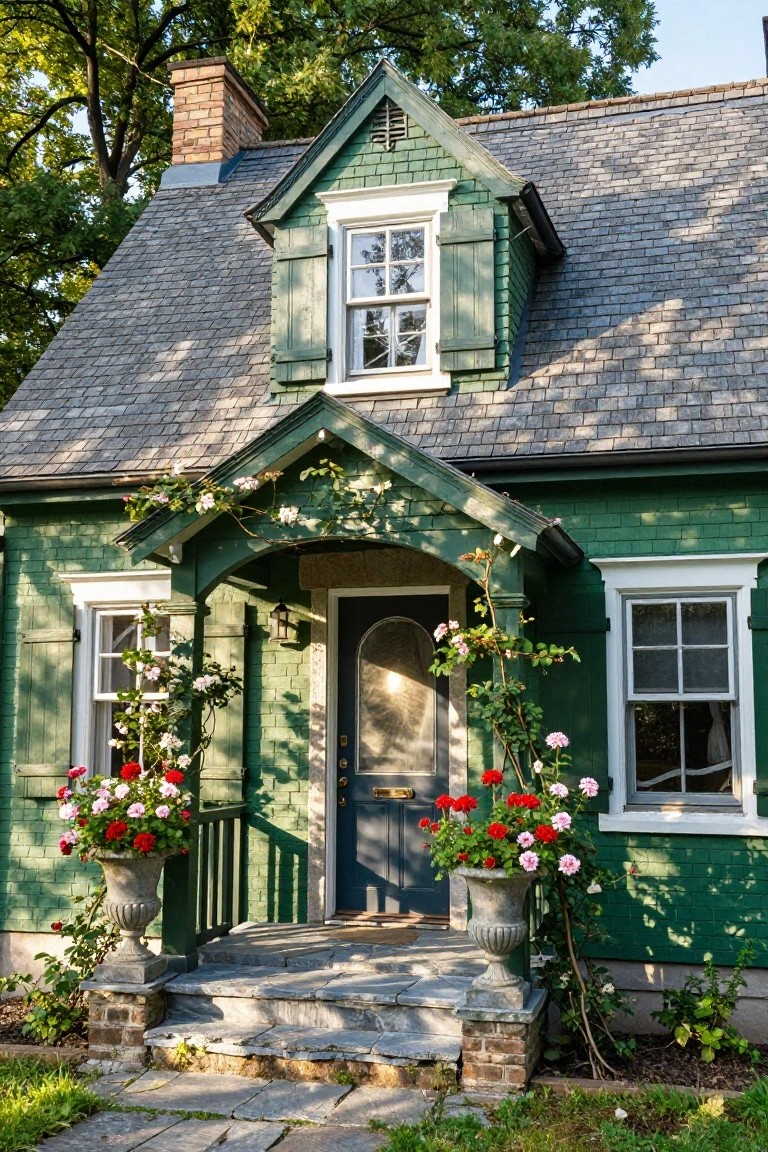 Forest green shingle house with gabled roof, covered porch entry, climbing roses on porch supports, red geraniums in stone urns flanking steps, and trees in background.