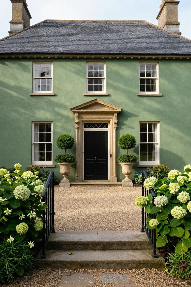 Front view of a two-story pale green house with slate roof, symmetrical white-framed sash windows, pedimented stone entry with black door, potted boxwood topiaries, white hydrangea shrubs, black iron gate, and gravel path with stone steps.