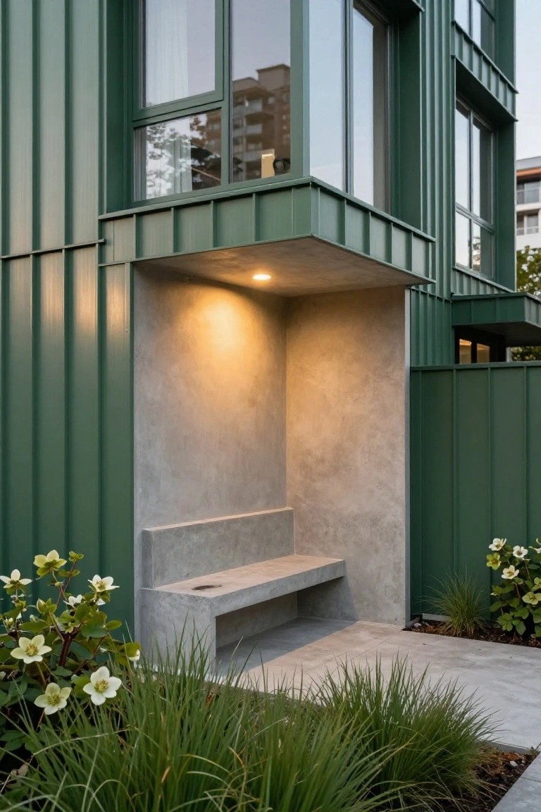House exterior corner with vertical forest green corrugated metal panels, large glass windows, recessed concrete entry alcove with built-in bench illuminated by overhead light, and adjacent landscaping of grasses and white-flowered shrubs.