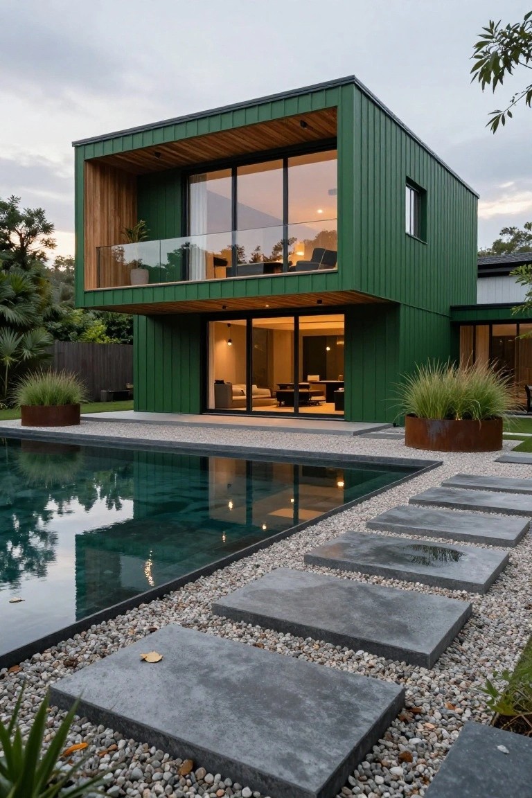 A two-story modern house with dark green corrugated metal siding, a protruding wooden balcony with glass railing, large sliding glass doors at ground level, and an adjacent rectangular pool edged with gray stone pavers, pebble ground cover, and tall grasses in rusted metal planters.