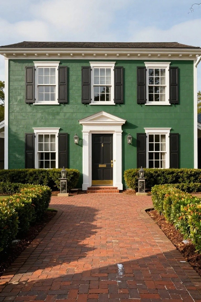 Two-story house with forest green siding, black shutters on white-trimmed windows, black front door in a white pedimented entry porch, flanked by boxwood hedges and lanterns along a brick pathway.