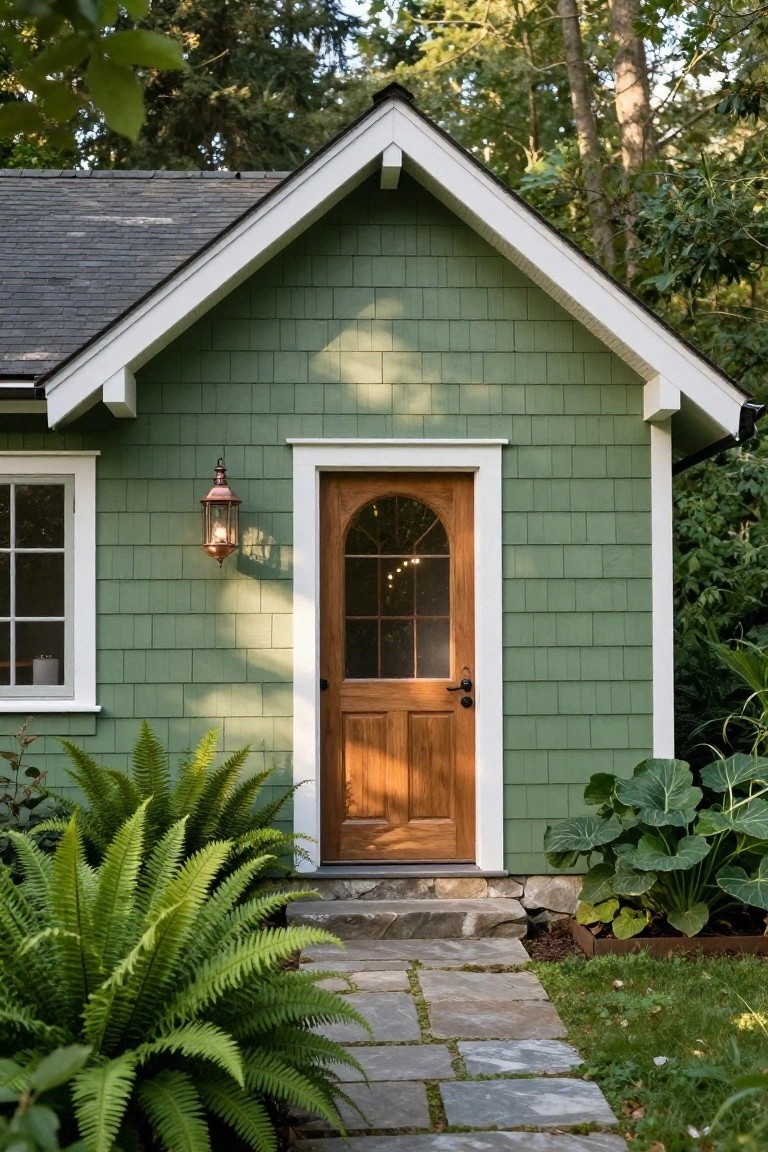 Small gabled cottage with forest green shingle siding and white trim, arched-top wooden door with glass panels, copper lantern mounted beside it, stone pathway steps, ferns and large-leaf plants at the base, surrounded by trees and greenery.