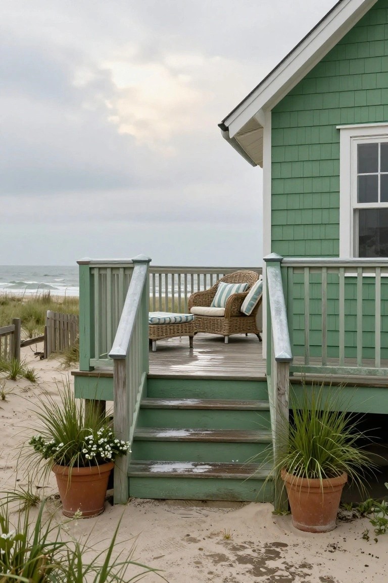 Corner view of a green shingled beach house with wooden deck and steps, wicker armchair with cushions, potted grasses flanking the stairs, sandy dunes, and ocean in the background under overcast skies.