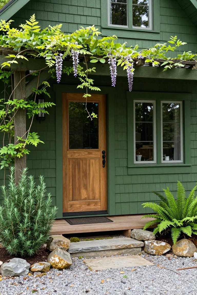 Forest green shingled house exterior featuring a wooden door with glass panel, purple wisteria hanging from a wooden pergola above, climbing vines on posts, rosemary and fern plants nearby, stone steps, and gravel ground cover.