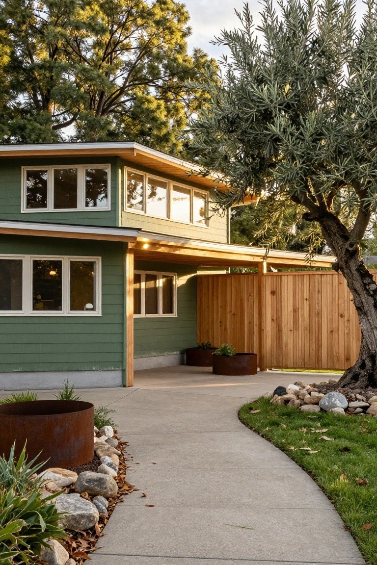 Two-story house with forest green siding and white window trim, wooden roof overhang and cedar fence, large olive tree beside the entry, concrete pathway edged with rocks and agave plants, pine trees in the background.