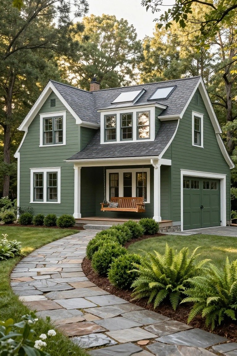 Two-story forest green house with gabled roof, skylights, white trim, covered front porch with wooden swing, attached green garage doors, boxwood shrubs, ferns, and curved stone pathway in grassy yard amid trees.