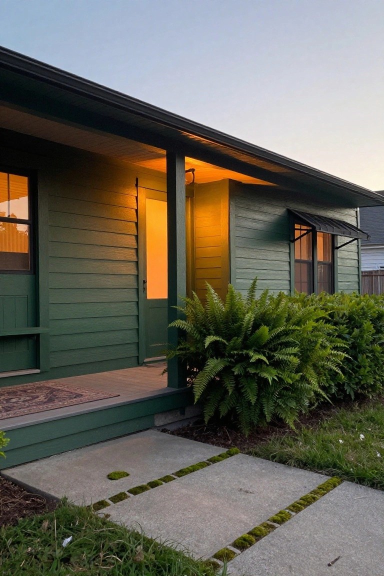 Forest green clapboard house exterior at dusk with open front door emitting warm light, ferns along the base, and moss-dotted concrete path to the porch.