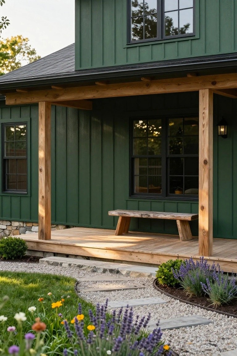 Forest green board-and-batten sided house with wooden porch posts and beams, a live-edge wooden bench on the deck, lantern light, and a stone path with gravel edging and plants in the foreground.