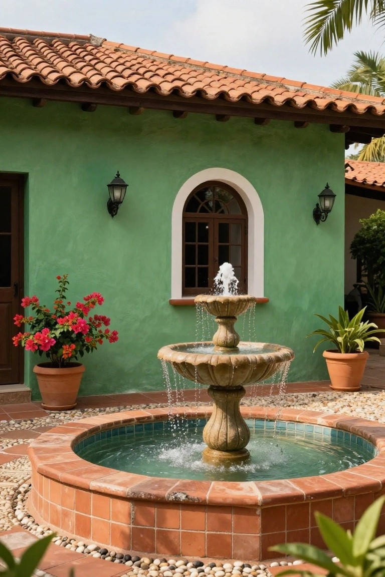 Green stucco exterior wall of a house with wooden door, arched window, wall lanterns, potted red bougainvillea plants, tiered stone fountain, terracotta tiled circular basin, gravel ground cover, and nearby potted plants under palm trees.