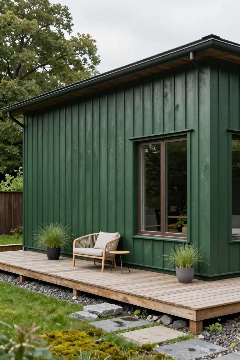 Side view of a dark green vertical board and batten wood house with a wooden deck, rattan armchair, small table, potted grasses, window, stone path, gravel edge, lawn, and trees.
