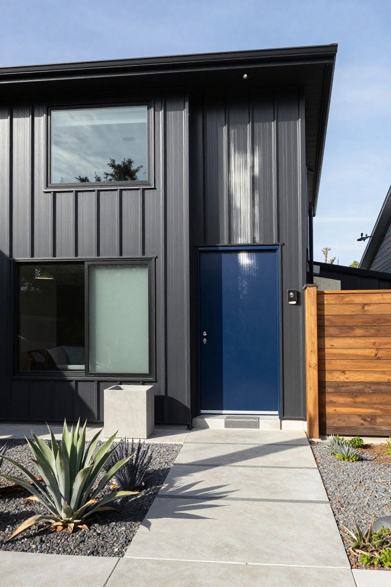 Dark gray vertical metal siding house exterior featuring a glossy blue front door, a large window to the left, concrete steps, and gravel landscaping with agave plants.