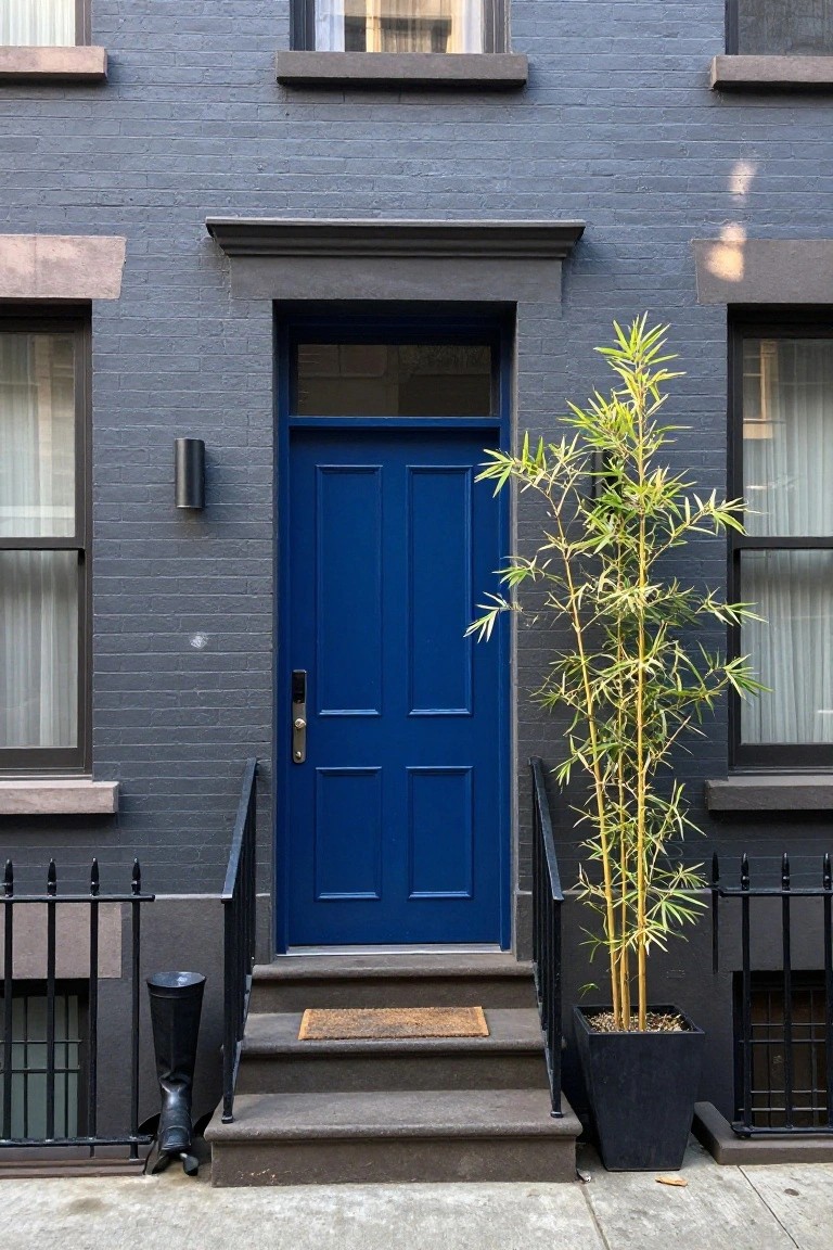 Dark gray brick townhouse facade with a bright blue double front door, black metal railing, steps leading to the entry, tall potted bamboo plant, and a black boot on the stoop.