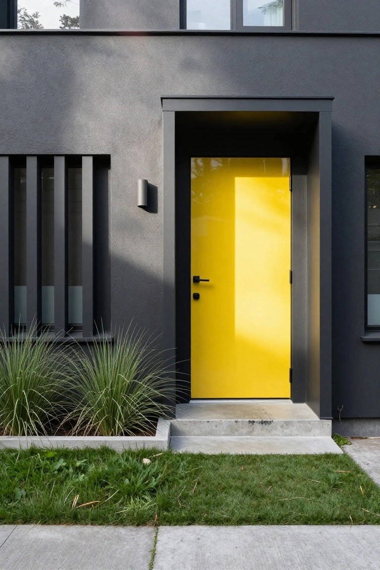 Dark gray modern house exterior with glossy yellow front door, black handle, vertical slatted window beside the entry, wall-mounted light, and low ornamental grasses in front of concrete steps.