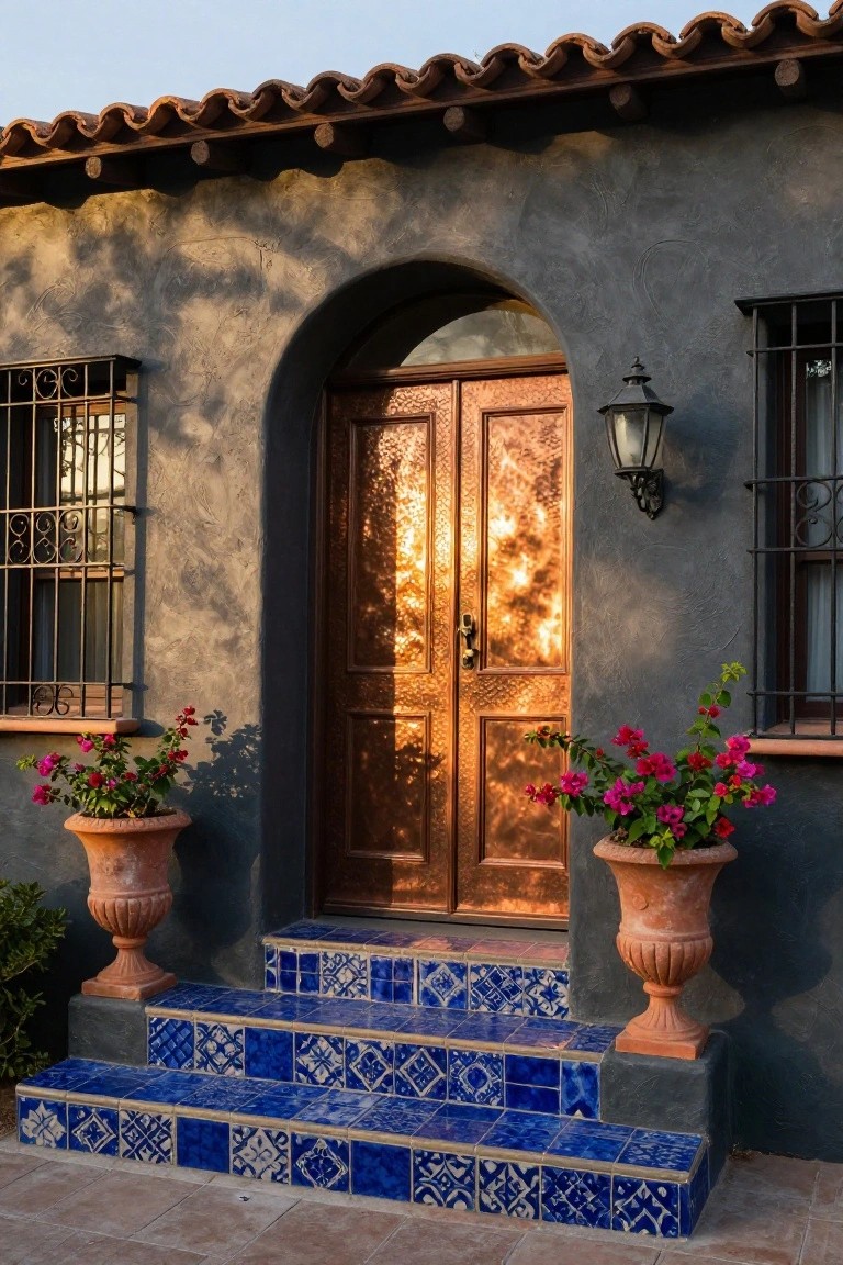 Dark gray stucco house facade with a double copper door in an arched entryway, wrought iron grille windows, blue patterned tile steps, lantern light, and terracotta pots of pink bougainvillea.
