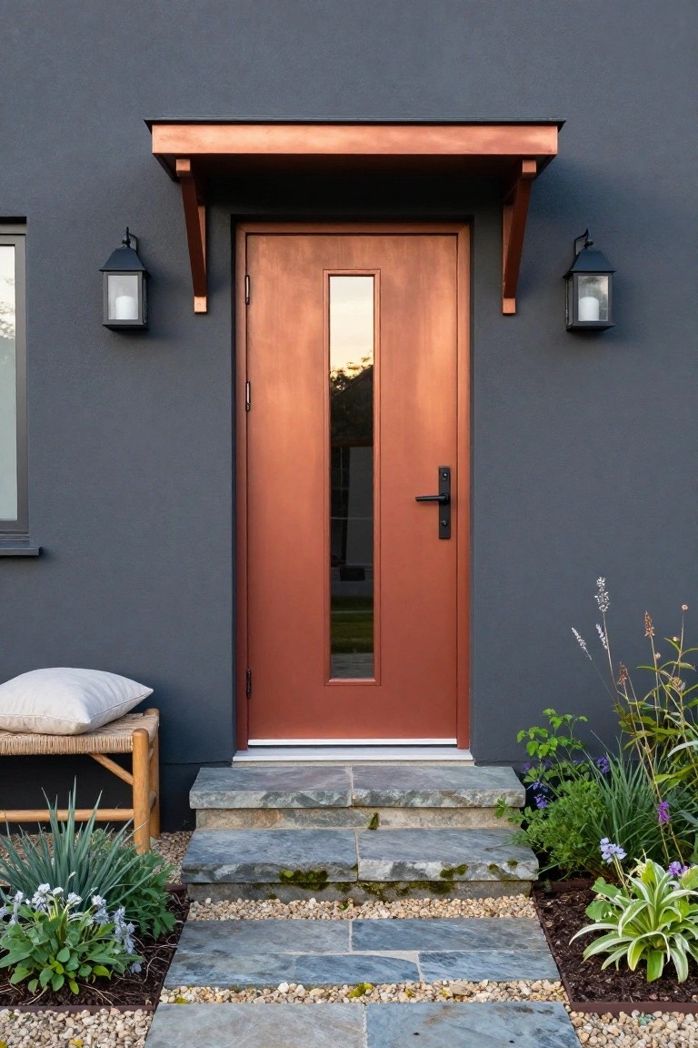 Front entrance to a dark gray house with a reddish copper front door featuring a tall vertical glass panel, copper awning supported by brackets, black lanterns on either side, stone steps leading up, rattan bench with white pillow nearby, and low plants along the edges.
