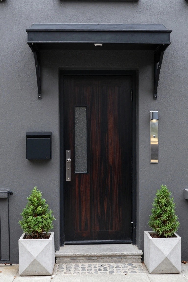 Front entrance of a dark gray house featuring a dark wood door with vertical frosted glass panel, black mailbox, stainless steel light and handle, flanked by two white geometric planters with small conifer trees, under a black metal awning on a concrete step with pebble ground cover.