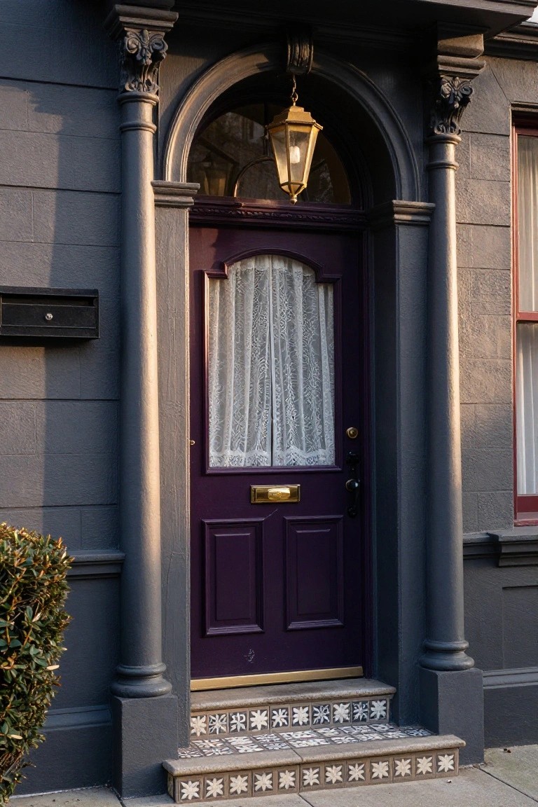 Purple front door with lace curtain visible through glass panels, framed by columns and an arched entryway on a dark gray house, gold lantern light above, and tiled steps below.