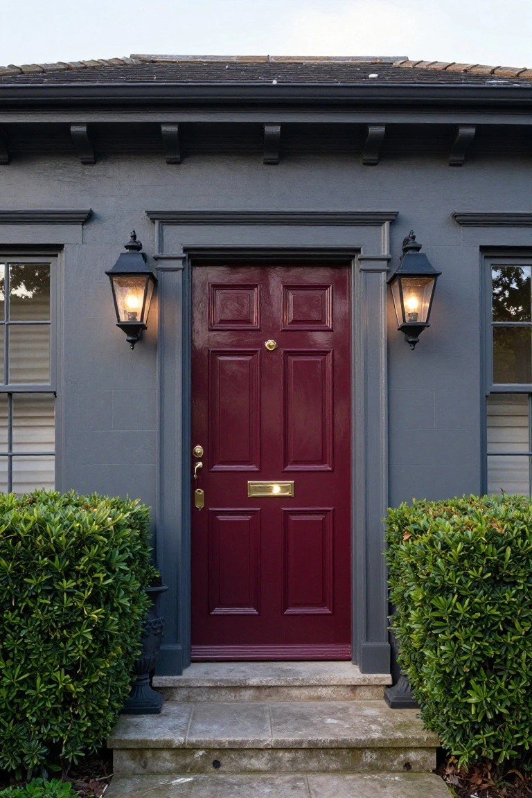 Dark gray house facade with glossy deep red paneled front door, brass knocker and letterbox, flanked by black lanterns, double-hung windows, boxwood shrubs, and stone steps.