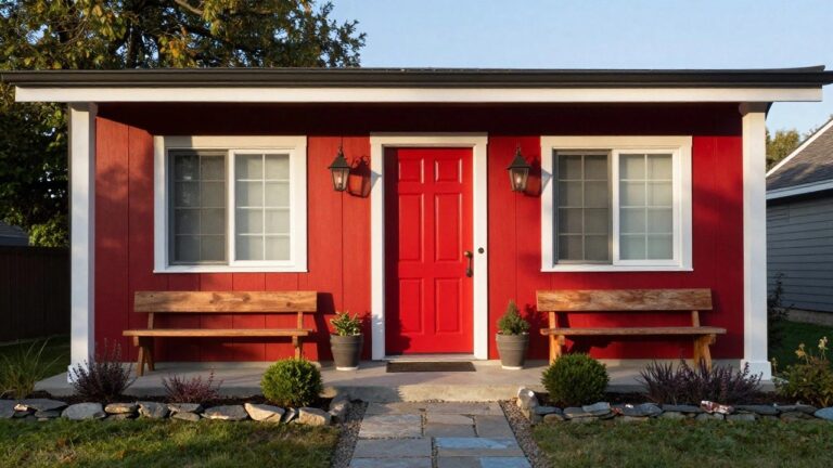 Red clapboard house exterior featuring a matching red front door with glass panels, white porch columns, wooden bench, lantern light, potted plants, and stone pathway.