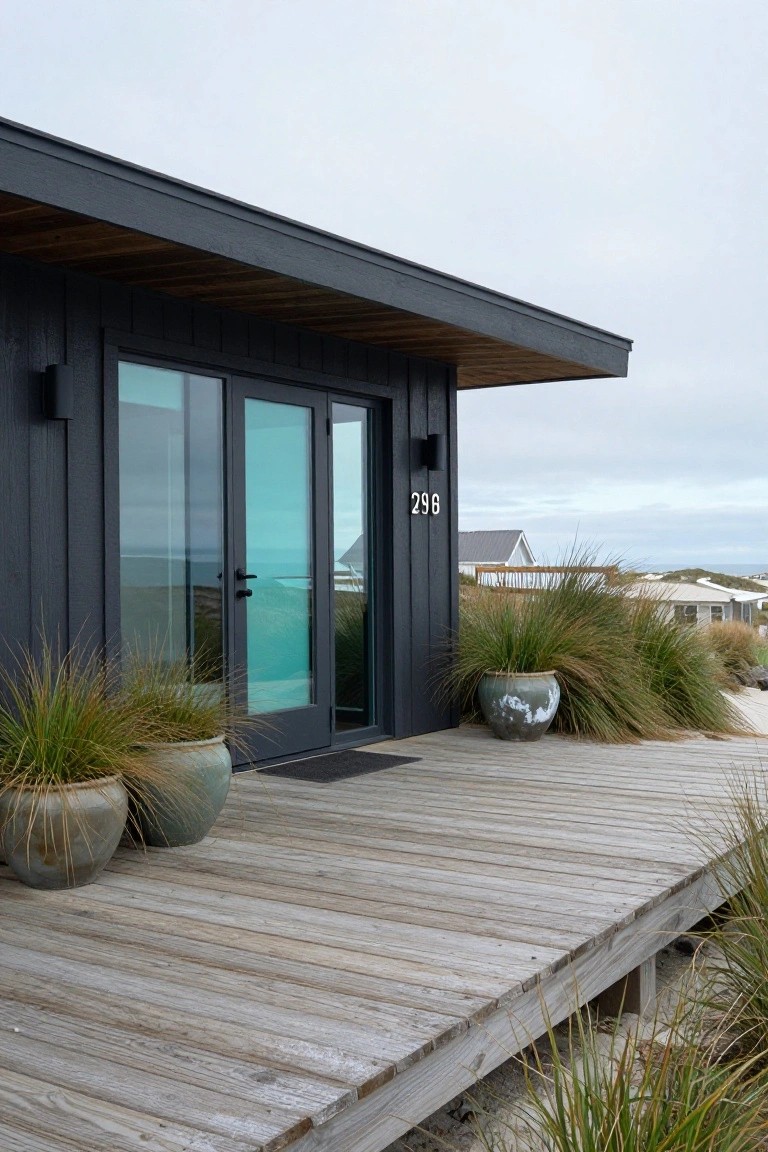 Dark gray vertical board-and-batten house with black-framed floor-to-ceiling glass sliding doors numbered 296, on a weathered wooden deck with large ceramic pots of beach grasses and surrounding dune vegetation.