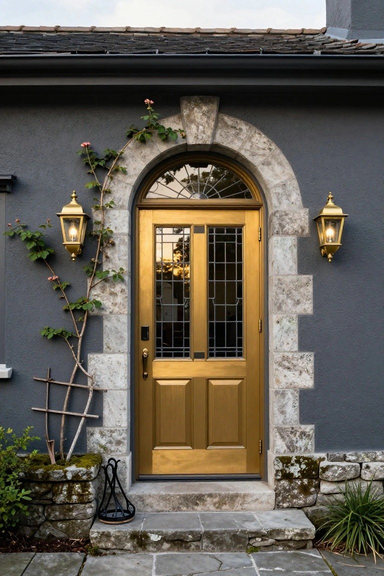 Dark gray stucco house exterior featuring a tall gold-painted wooden front door with leaded glass panels inside a stone archway, flanked by brass lanterns and climbing vines on the left side.