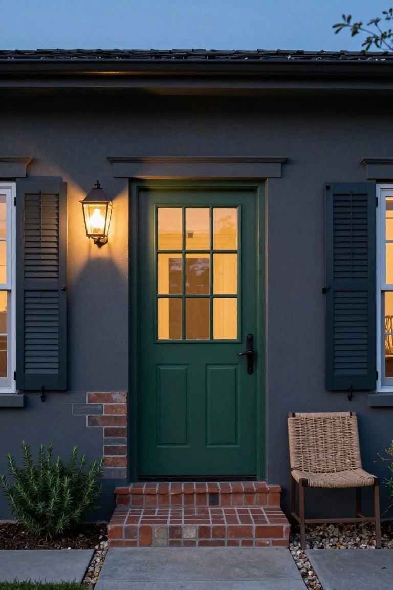 Dark gray house exterior with a green paneled front door, glass lantern light, shuttered windows, brick entry steps, rattan chair, and small shrubs.