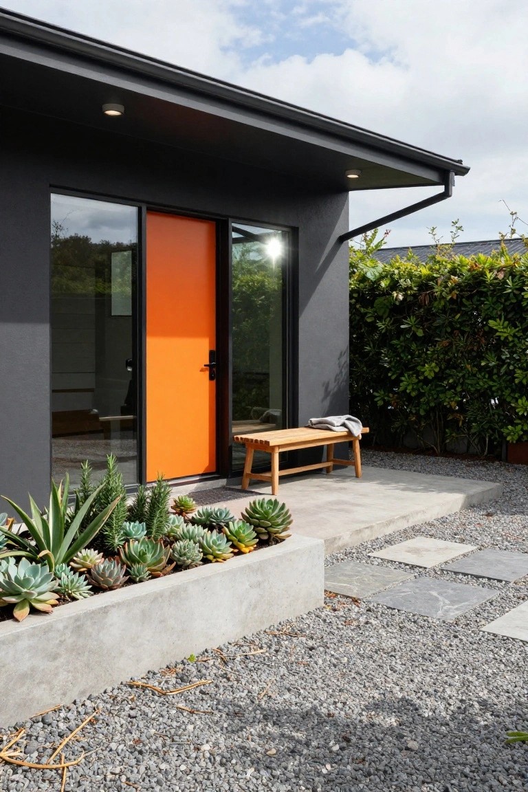 Orange Front Door on Dark Gray House
