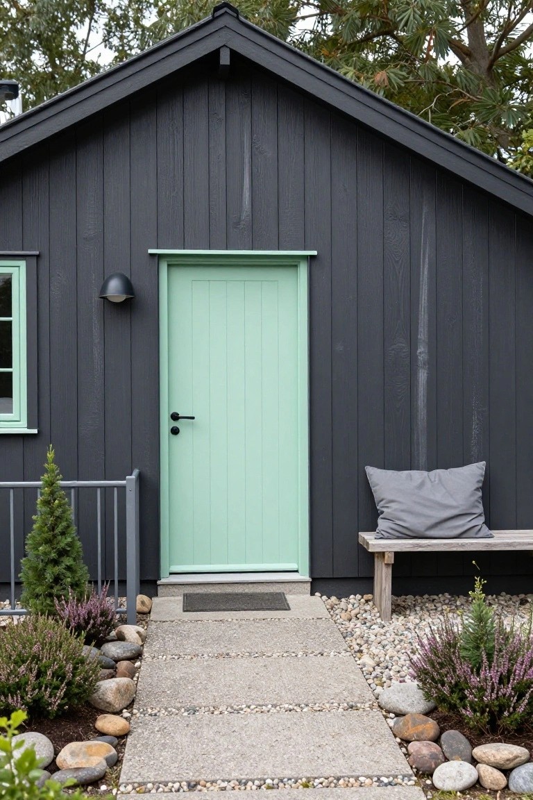 Dark gray vertical wood siding on a house exterior with a pale green paneled front door, green window frame, metal railing, stone path, bench, and surrounding low plants and rocks.