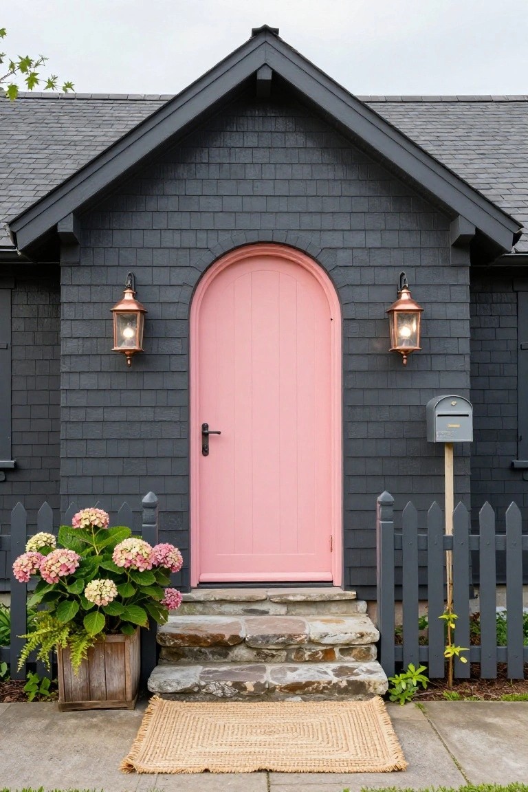 Dark gray shingled house facade featuring a pink arched front door flanked by copper lanterns, a wooden planter with pink and white hydrangeas, stone entry steps, picket fence, and mailbox on a paved walkway.