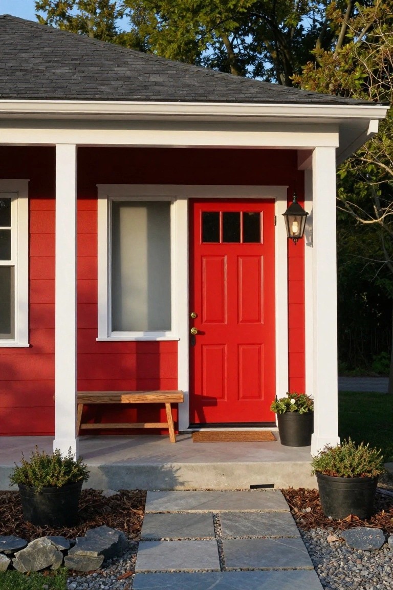 Red clapboard house exterior featuring a matching red front door with glass panels, white porch columns, wooden bench, lantern light, potted plants, and stone pathway.
