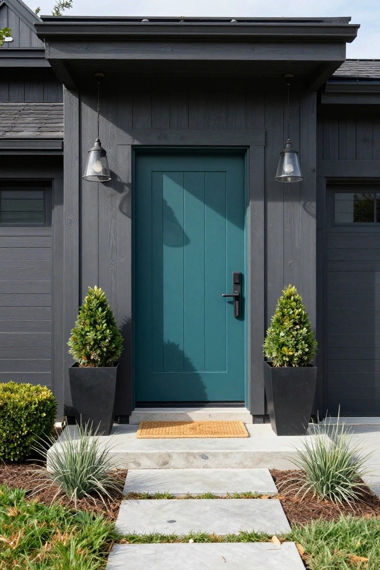Dark gray vertical board-and-batten house exterior with teal front door centered under a covered porch, flanked by black lanterns and black pots with boxwood shrubs, concrete steps with seagrass mat, and low groundcover plants.