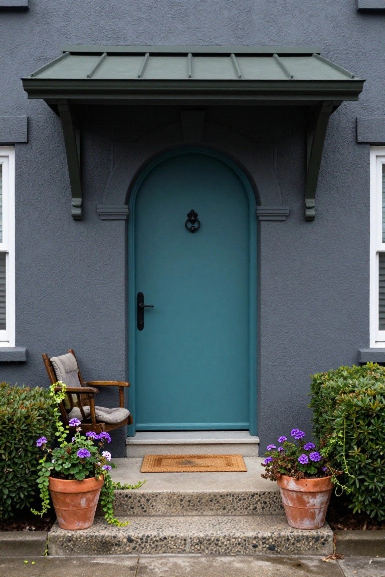 Teal arched front door on dark gray house exterior with green awning, black knocker and handle, wooden rocking chair, potted plants, and stone steps.