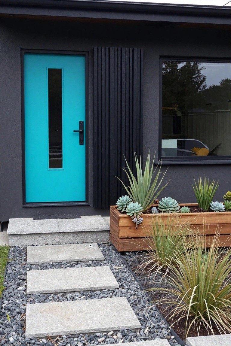Dark gray modern house exterior featuring a bright turquoise front door with a narrow vertical window, black vertical slats beside it, a nearby window, wooden planter with succulents and grasses, and a stone step path with gravel.