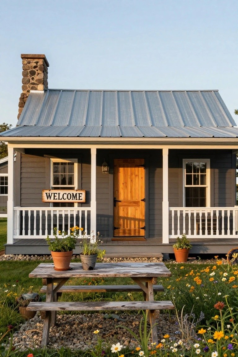 Small dark gray shingled house with light brown wooden front door on a covered porch, white railings, potted plants, welcome sign, and weathered picnic table in front amid gravel and wildflowers.