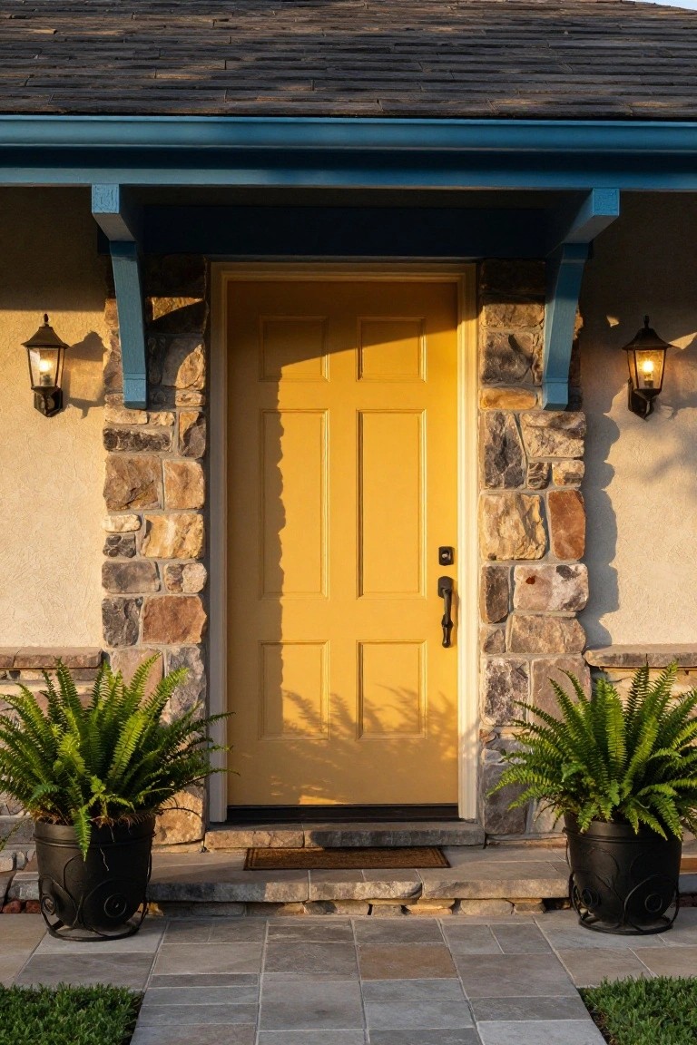 Bright yellow paneled front door centered in a house entryway with blue trim, dark stone pillars, black lanterns, potted ferns, and gray tile porch steps.