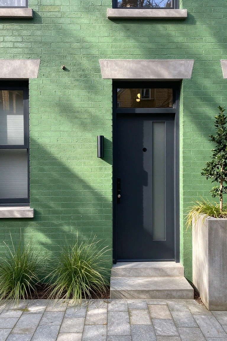 Black Door on Green Brick Siding