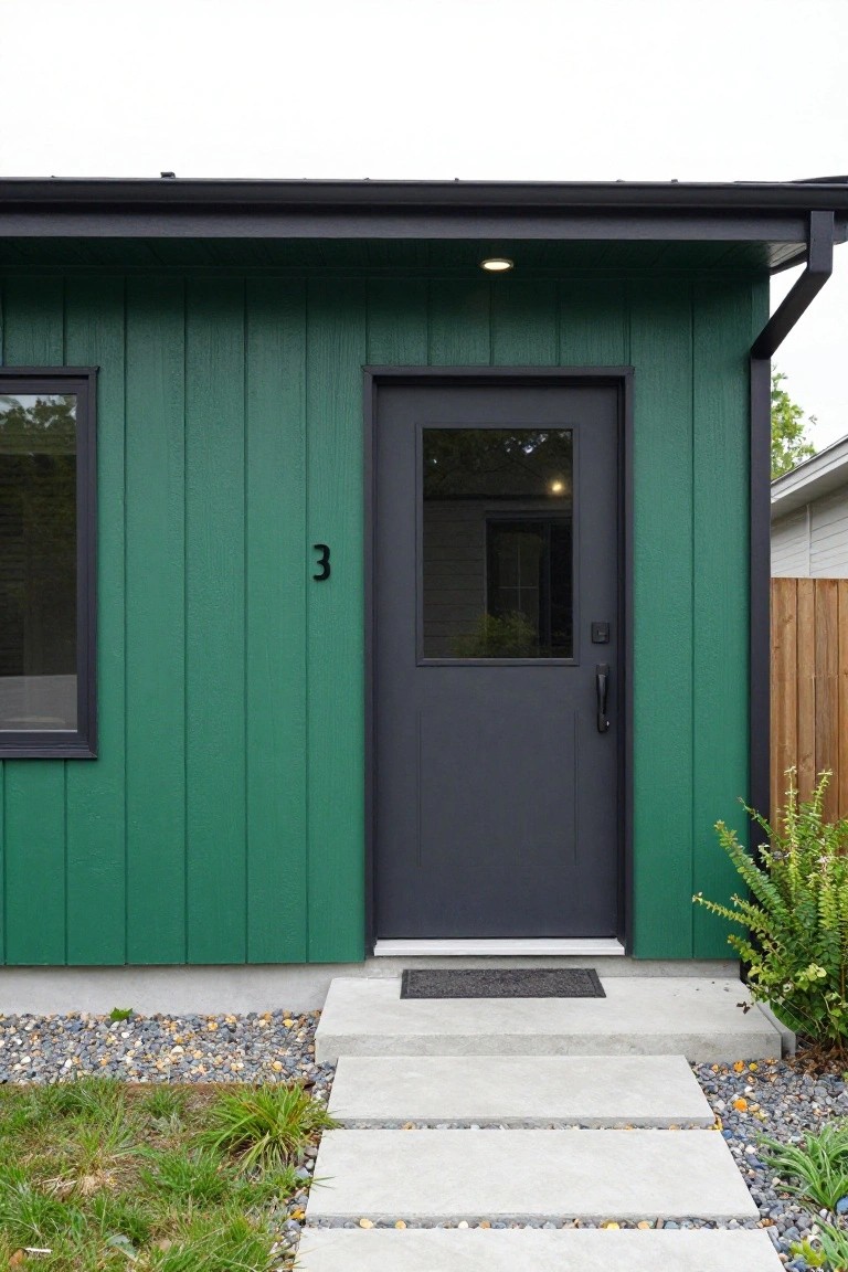 Green vertical board and batten siding on a small building exterior with a black front door that has a glass panel and handle, house number 3 on the siding, a side window, black trim, concrete steps, doormat, and gravel ground cover with plants.