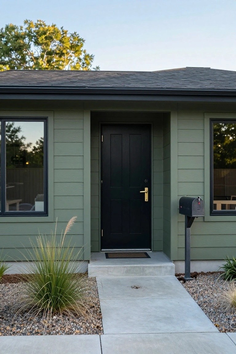 Sage green clapboard house exterior featuring a black paneled front door with gold knob and hinges, flanked by black-framed windows, pampas grass plantings, gravel mulch bed, concrete entry path, and black mailbox on metal post.