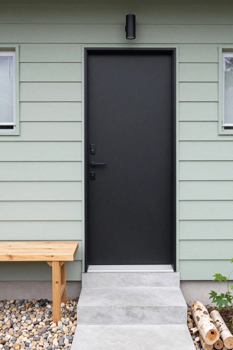 Light green horizontal siding on a house exterior with a black front door, flanked by two windows, concrete entry steps, a wooden bench to the side, gravel mulch, stacked firewood logs, and a wall-mounted black light fixture.