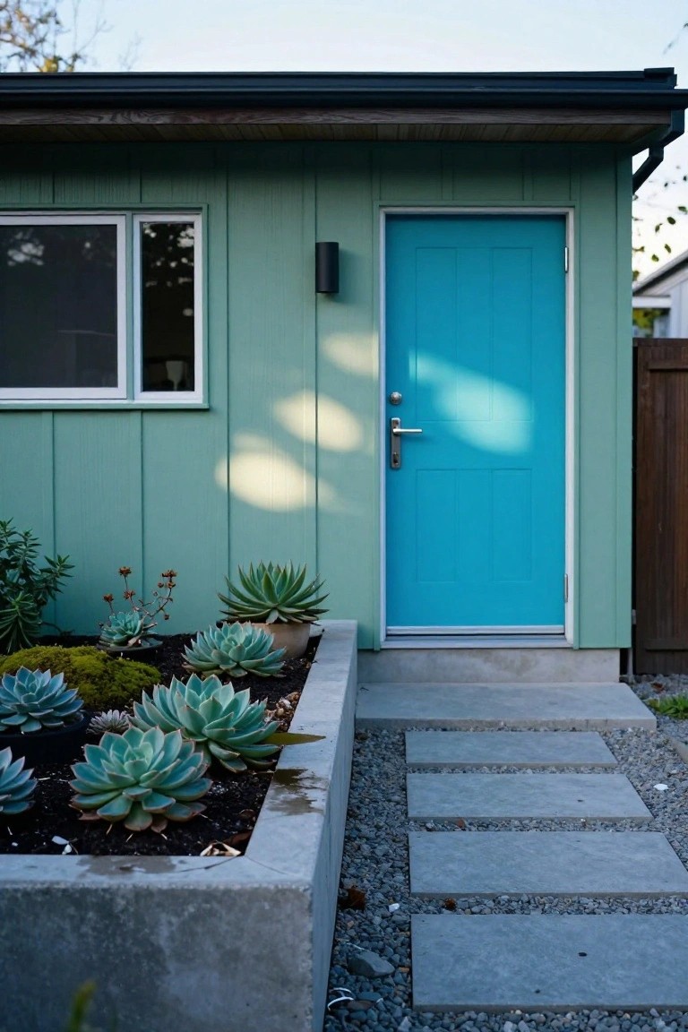Pale green wood siding on a small building with turquoise blue front door, single window, black wall light, concrete planter bed of succulents, and gray stone path steps.