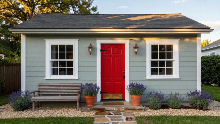 Sage green shingle-style house with red front door, flanked by lanterns, lavender pots, wooden bench, and stone path leading to entry porch.