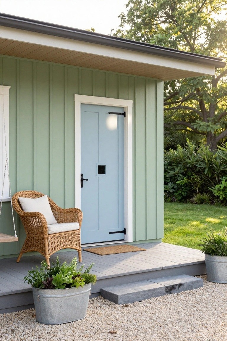 Sage green vertical board and batten siding on a small house exterior with light blue front door and white trim, hanging wicker chair with white cushion on wooden porch deck, metal bucket planters with greenery, stone steps, and gravel path.