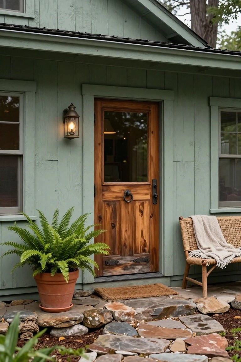 Sage green wooden house siding with a dark stained wooden front door featuring a large knocker, lit lantern beside it, potted fern plant, wicker bench with blanket, and stone paver entry path.