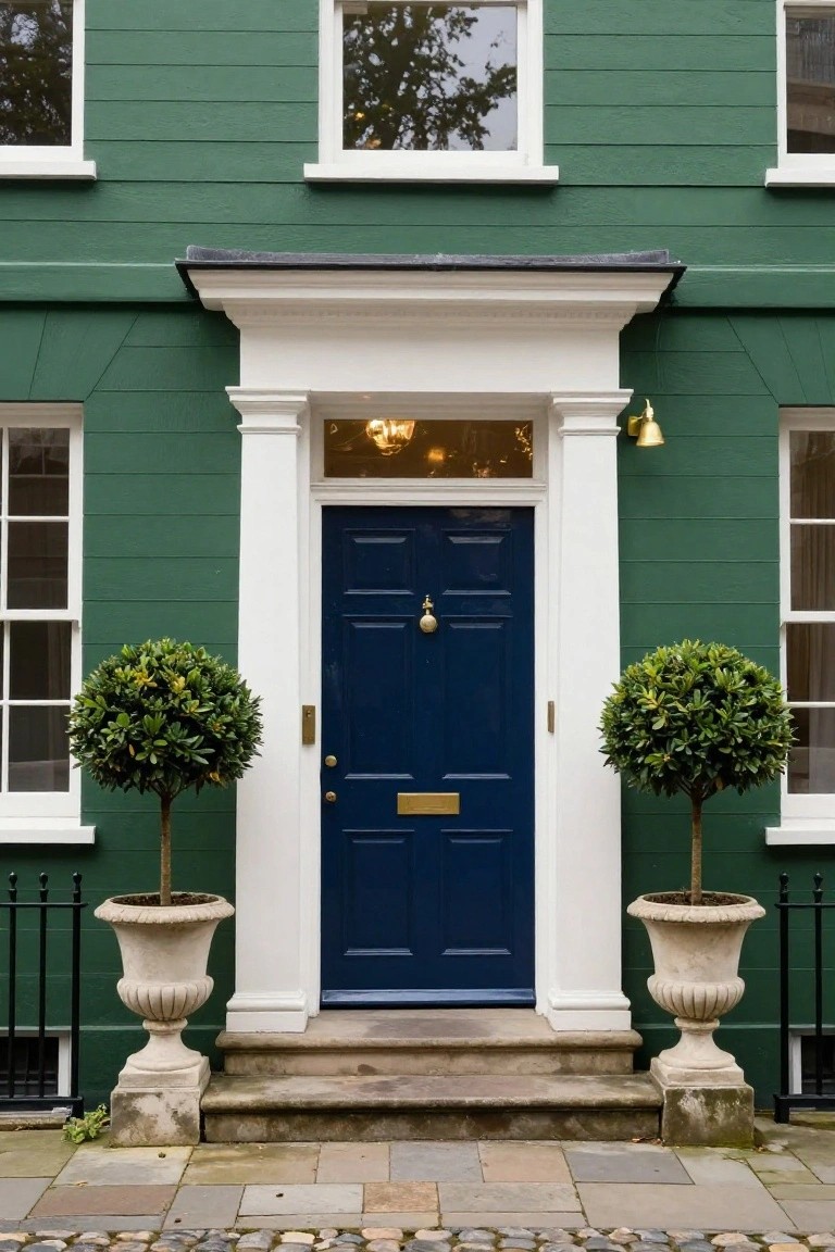 Navy Blue Door on Green Siding