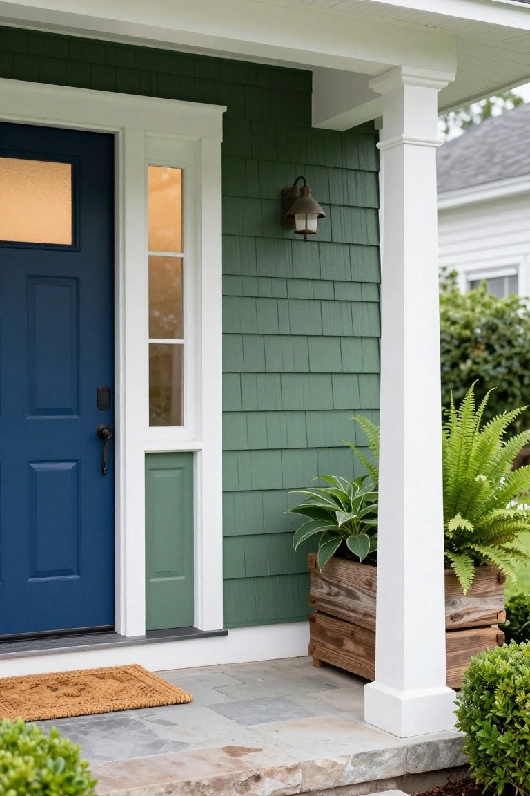 Front view of a house exterior featuring green shingle siding, a navy blue front door with glass sidelight and transom window, white trim, a white porch column, wooden planter boxes with ferns and hostas, and stone steps with a seagrass doormat.