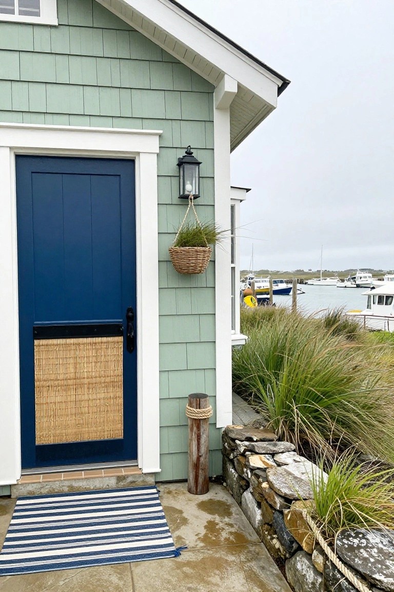 Pale green shingle-sided house exterior with a navy blue front door featuring a wicker lower panel, white trim, hanging plant basket, lantern light, rope-wrapped post, stone wall, and nearby marina with boats.