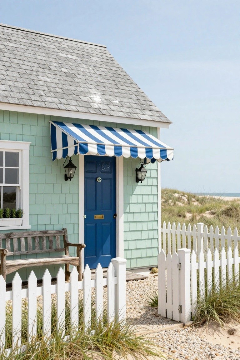 Mint green shingle siding beach house with navy blue front door under blue and white striped awning, flanked by lanterns, wooden bench nearby, white picket fence, beach grass, and ocean dunes in background.