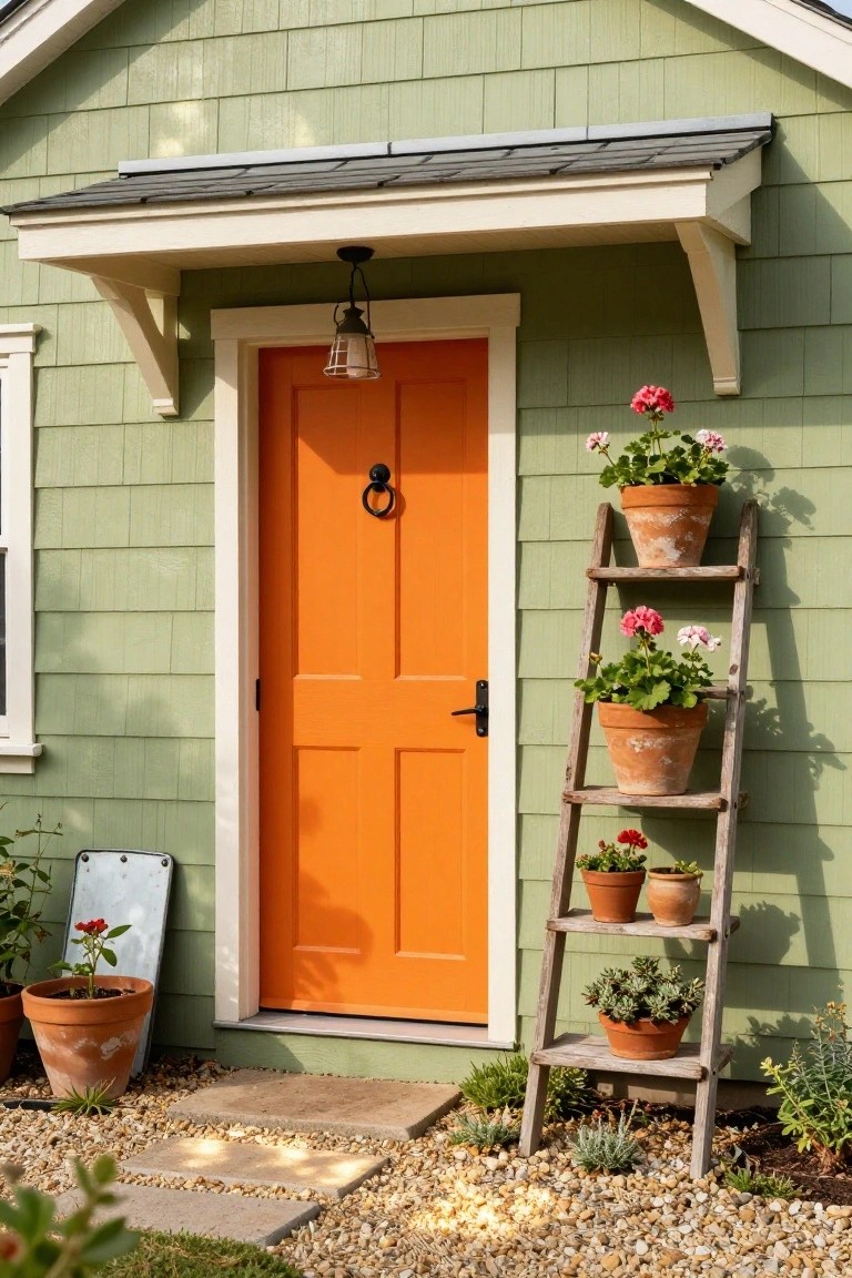 Sage green shingled house with orange front door, black knocker and handle, hanging lantern above door, wooden ladder shelf holding terracotta pots of plants on the wall, additional potted plants on ground near entry steps and gravel path.
